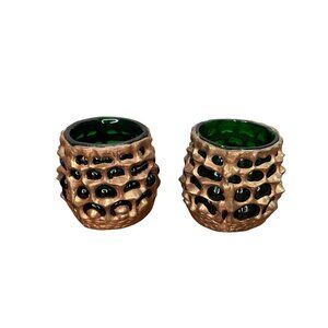 Pair Of Handcrafted Green Glass & Bronze Votive Candle Holders Made in India